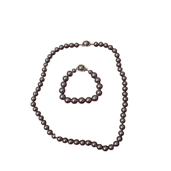 Vintage Black Pearl Necklace and Bracelet Set with Bonus Earrings - Picture 1 of 5